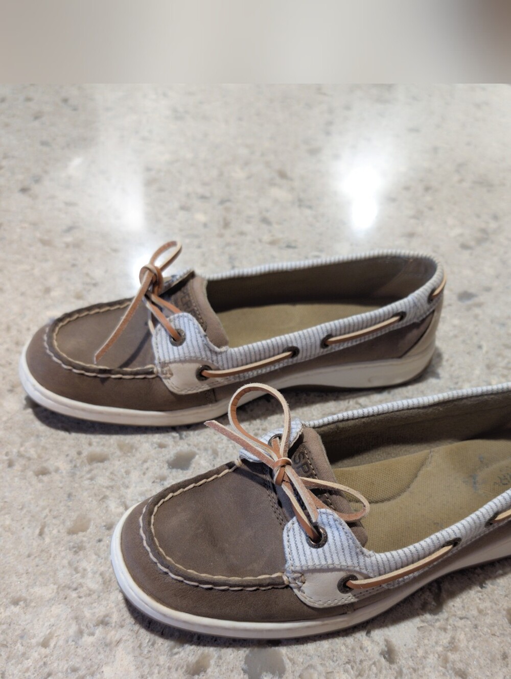 Women’s Sperry Boat Shoes in Brown With Blue And Cream Stripe